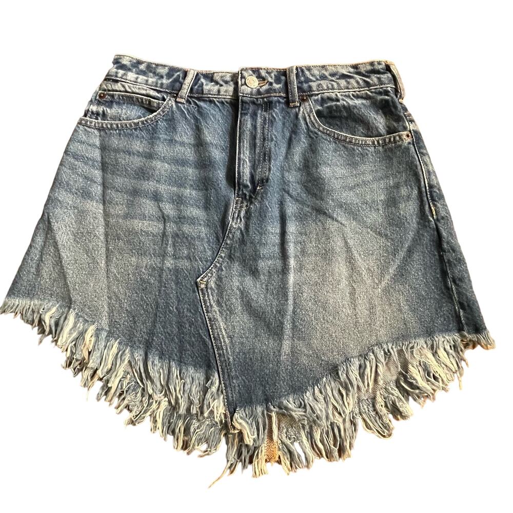 Free People We the Free Skirt Bailey Mini Denim Frayed Hem Sz 28 Pockets Western